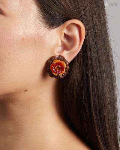 BETTINA'S FLOWERS A PAIR OF WOOD AND GEM-SET EARCLIPS