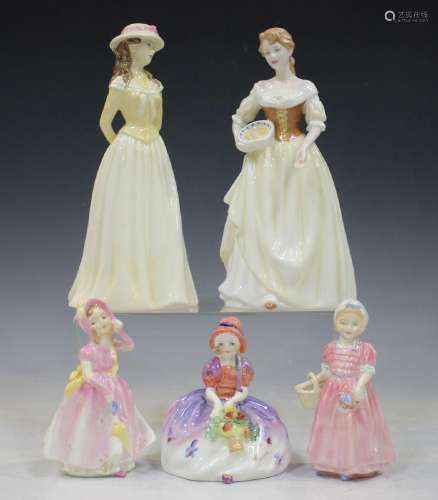 Five Royal Doulton figures, including Maid of Me