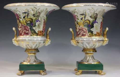A pair of Regency Derby style campana vases, mod