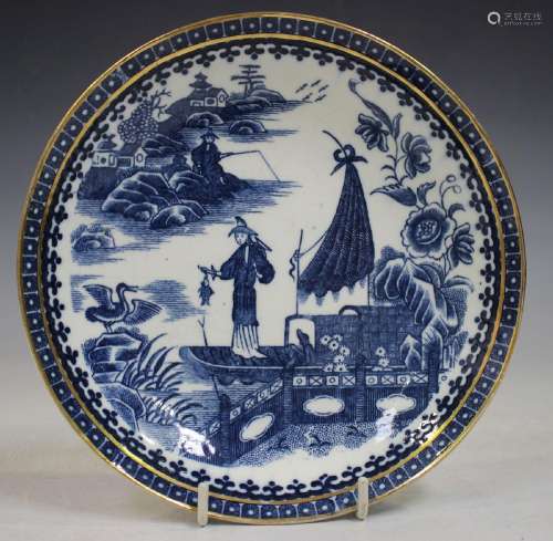 A Caughley blue printed Fisherman pattern saucer