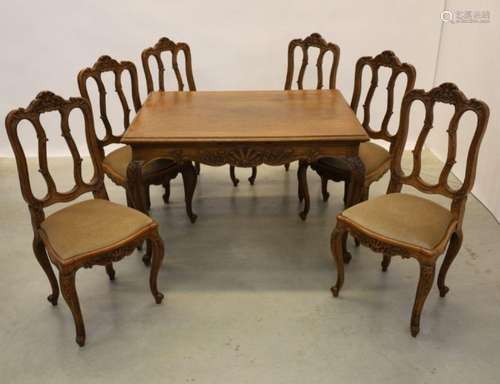 Table Louis XV extensible en chêne avec 6 chaises assorties