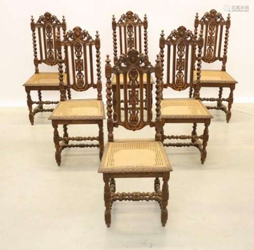 Six chaises de chasse en chêne français (2 canages endommagé...