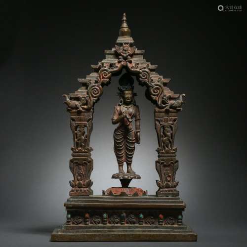 17th Century,Copper Inlaid Precious Stone Buddha Statue