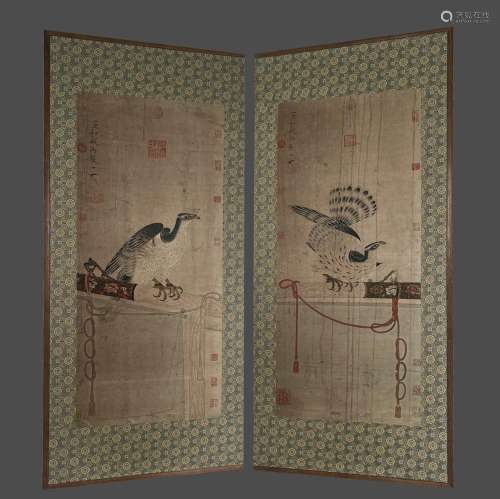 Ming dynasty or earlier,Eagle Drawing Double Screens