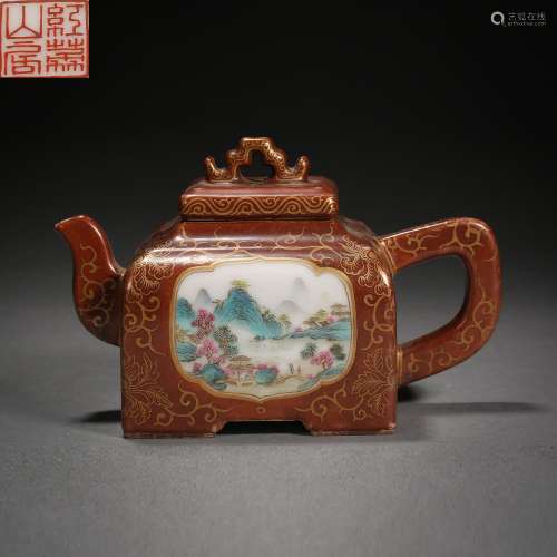 Qing Dynasty of China,Red Glaze Gold-Traced Open Window Land...