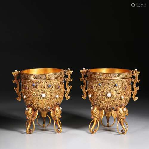 Qing Dynasty of China,Bronze Gilt Elephant Foot Cup A Group
