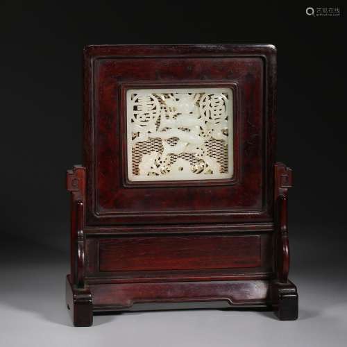 Qing Dynasty of China,Red Sandalwood Inlaid Hetian Jade Scre...