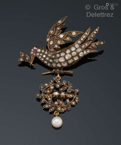 Broche « Oiseau » en vermeil rehaussé de diamants taillés en...