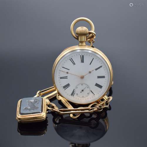 Offene Herrentaschenuhr mit schöner Kette in GG 585/000, Sch...