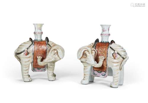 A PAIR OF CHINESE EXPORT PORCELAIN ELEPHANT CANDLEHOLDERS