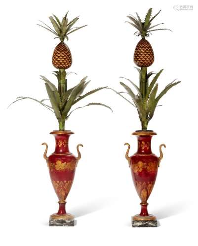 A PAIR OF CHARLES X RED, GILT AND POLYCHROME-DECORATED TOLE-...