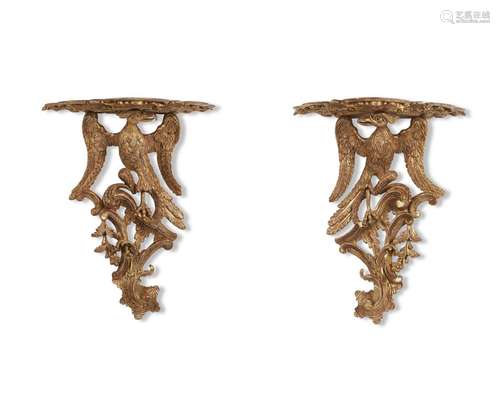 A PAIR OF IRISH GEORGE II GILTWOOD WALL BRACKETS