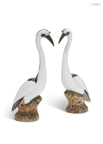 A LARGE PAIR OF CHINESE EXPORT PORCELAIN MODELS OF CRANES
