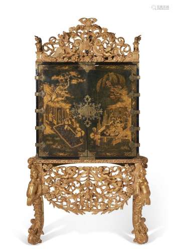 A WILLIAM AND MARY GREEN AND GILT-JAPANNED CABINET ON GILTWO...