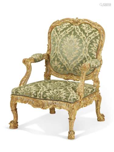 A GEORGE II PARCEL-GILT AND GREY-PAINTED ARMCHAIR