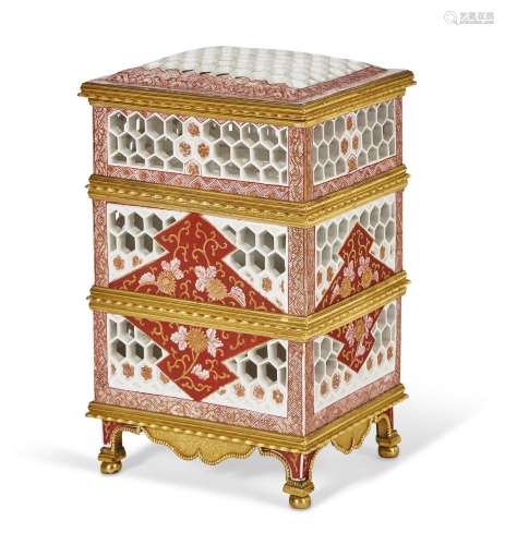 A FRENCH ORMOLU-MOUNTED ARITA PORCELAIN RETICULATED BOX AND ...