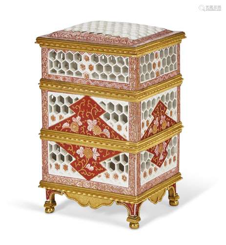 A FRENCH ORMOLU-MOUNTED ARITA PORCELAIN RETICULATED BOX AND ...