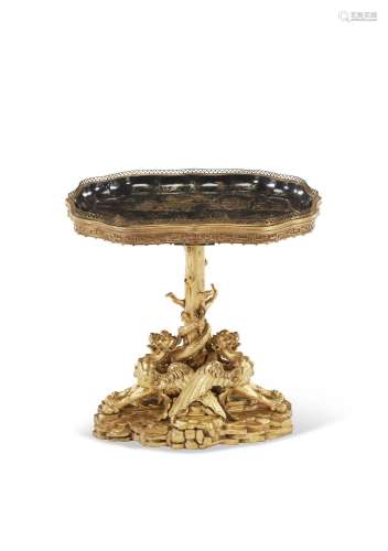 AN EARLY VICTORIAN PAPIER-MACHÉ TRAY ON A GILTWOOD STAND