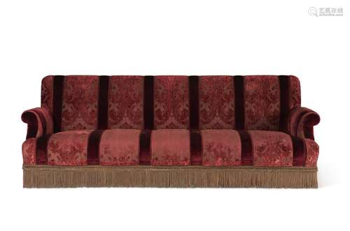 A VELVET-UPHOLSTERED SOFA WITH GOLD BULLION FRINGE