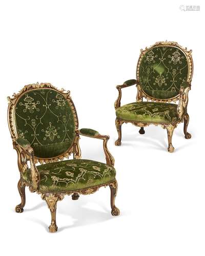 A PAIR OF GEORGE II MAHOGANY AND PARCEL-GILT ARMCHAIRS