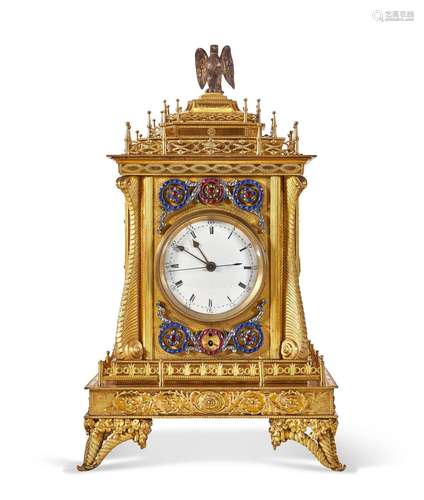 A GEORGE III PASTE-SET ORMOLU MUSICAL TABLE CLOCK