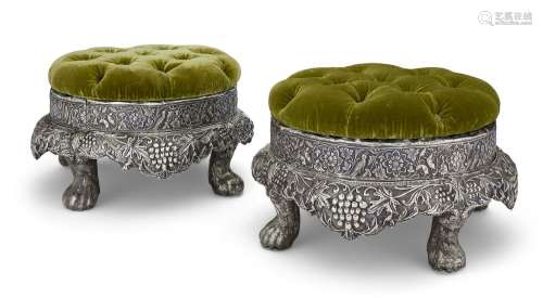 A PAIR OF INDIAN PARCEL-GILT SILVER-MOUNTED FOOTSTOOLS