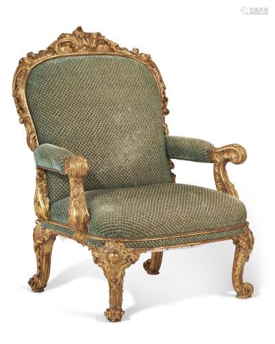 A GEORGE II GILTWOOD ARMCHAIR OF MONUMENTAL PROPORTIONS