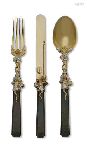 A FRENCH SILVER-GILT AND HARDSTONE DESSERT FLATWARE SERVICE
