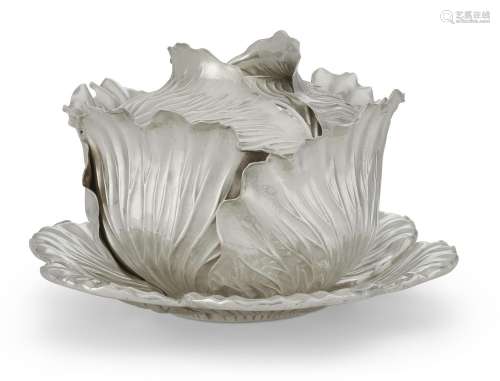 A SILVER CABBAGE-FORM SOUP TUREEN, COVER, AND STAND