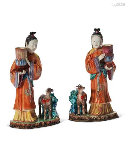 A PAIR OF CHINESE EXPORT PORCELAIN LADY AND DEER CANDLEHOLDE...