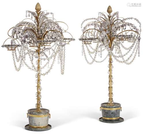 A PAIR OF GERMAN ORMOLU, CUT-GLASS AND GILT-LEAD PALM TREES