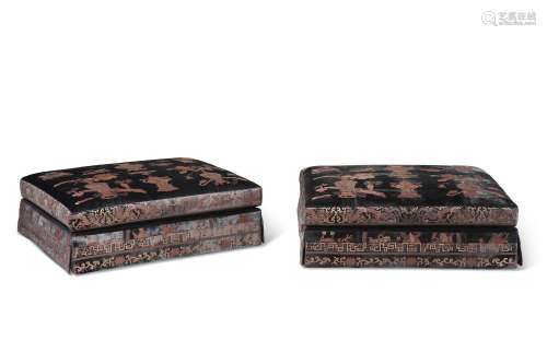 TWO CHINESE SILK AND METALLIC CUT-VELVET-UPHOLSTERED OTTOMAN...