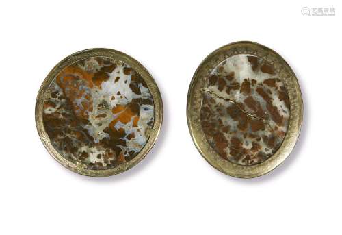 TWO ITALIAN YELLOW JASPER AND GILT-COPPER PAPERWEIGHTS