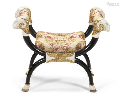 A REGENCY EBONIZED, WHITE-PAINTED AND PARCEL-GILT STOOL