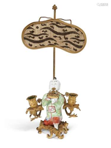 A LOUIS XV ORMOLU AND CHINESE PORCELAIN TWO-LIGHT CANDELABRU...
