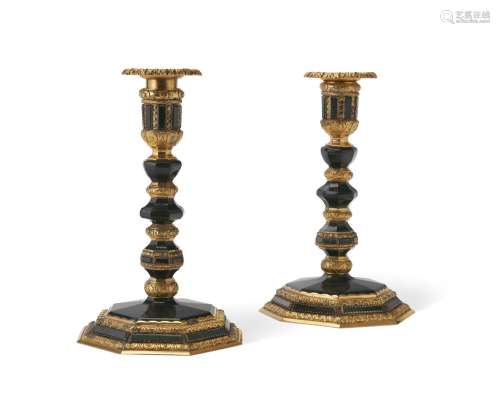A PAIR OF GERMAN GILT-BRONZE AND BLOODSTONE CANDLESTICKS