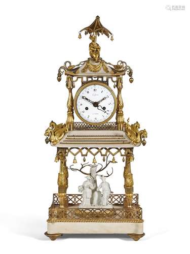 A LATE LOUIS XVI ORMOLU AND WHITE MARBLE MANTEL CLOCK