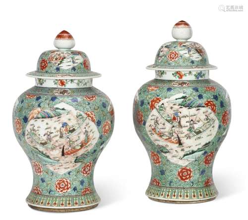 A PAIR OF LARGE CHINESE EXPORT PORCELAIN FAMILLE VERTE VASES...