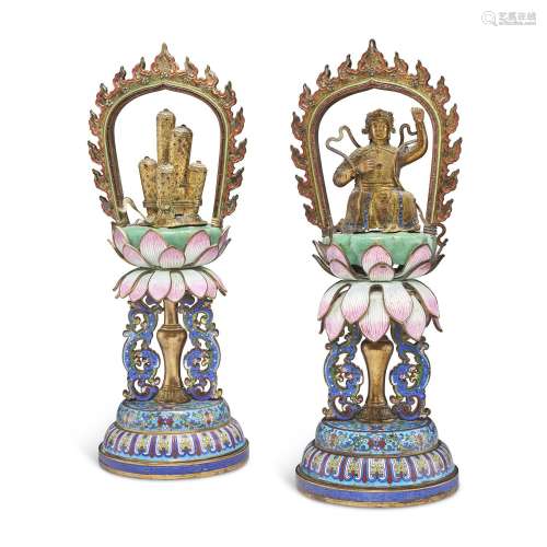 A RARE PAIR OF CHINESE CLOISONNÉ AND CHAMPLEVÉ ENAMEL ALTAR ...
