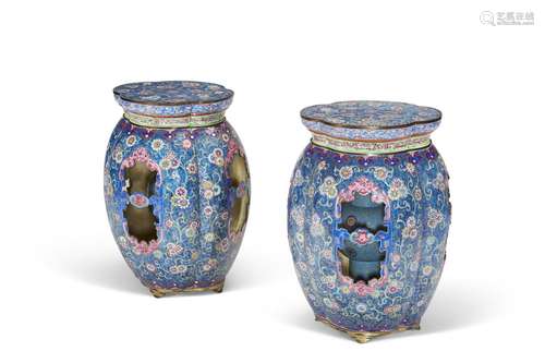 A VERY RARE PAIR OF CHINESE PAINTED ENAMEL GARDEN SEATS