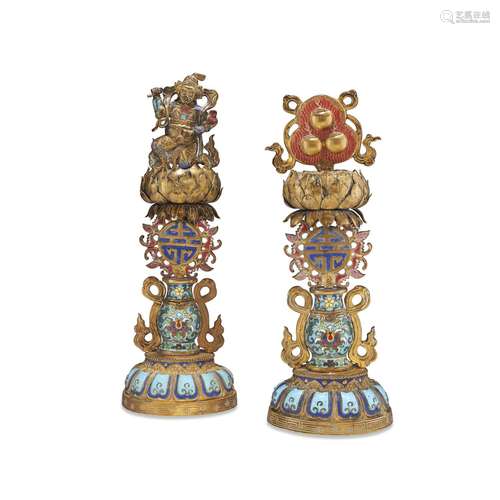 A PAIR OF CHINESE CLOISONNÉ ENAMEL AND GILT-BRONZE BUDDHIST ...