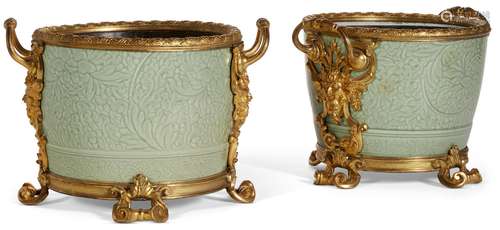 A PAIR OF FRENCH ORMOLU-MOUNTED CHINESE CELADON PORCELAIN CA...