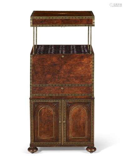 A GEORGE IV BRASS-INLAID BROWN OAK DECANTER CABINET