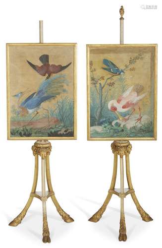 A PAIR OF LATE GEORGE III WHITE-PAINTED AND PARCEL-GILT POLE...