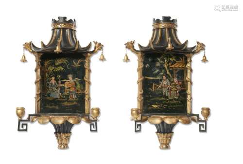 A PAIR OF REGENCY GREEN, GILT AND POLYCHROME-DECORATED TOLE ...