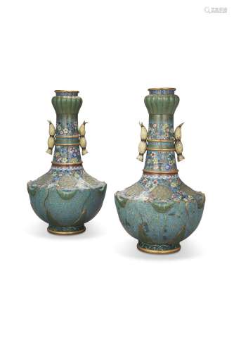 AN UNUSUAL PAIR OF LARGE CHINESE CHAMPLEVÉ AND CLOISONNÉ ENA...