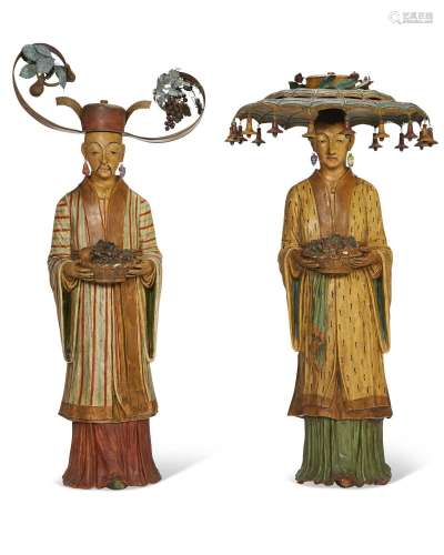 A PAIR OF ITALIAN POLYCHROME-PAINTED TERRACOTTA AND TOLE FIG...