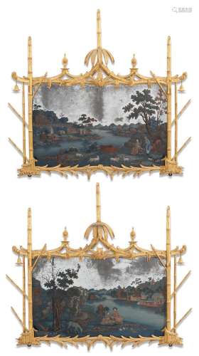 A PAIR OF CHINESE EXPORT REVERSE-PAINTED MIRRORS IN GEORGE I...