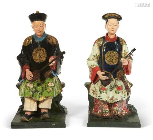 A PAIR OF CHINESE EXPORT POLYCHROME-DECORATED NODDING HEAD F...