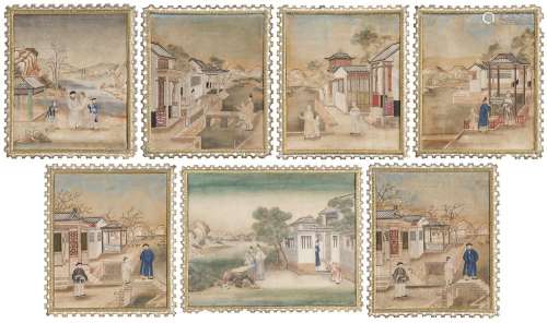 A SET OF SEVEN CHINESE EXPORT AND CARTON PIERRE FRAMED WALLP...